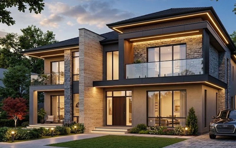 Duplex Modern 3D Elevation with Balcony